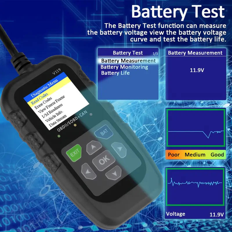 Escáner OBD2 V119, lector de c - Power Supply Tester reseña y precio